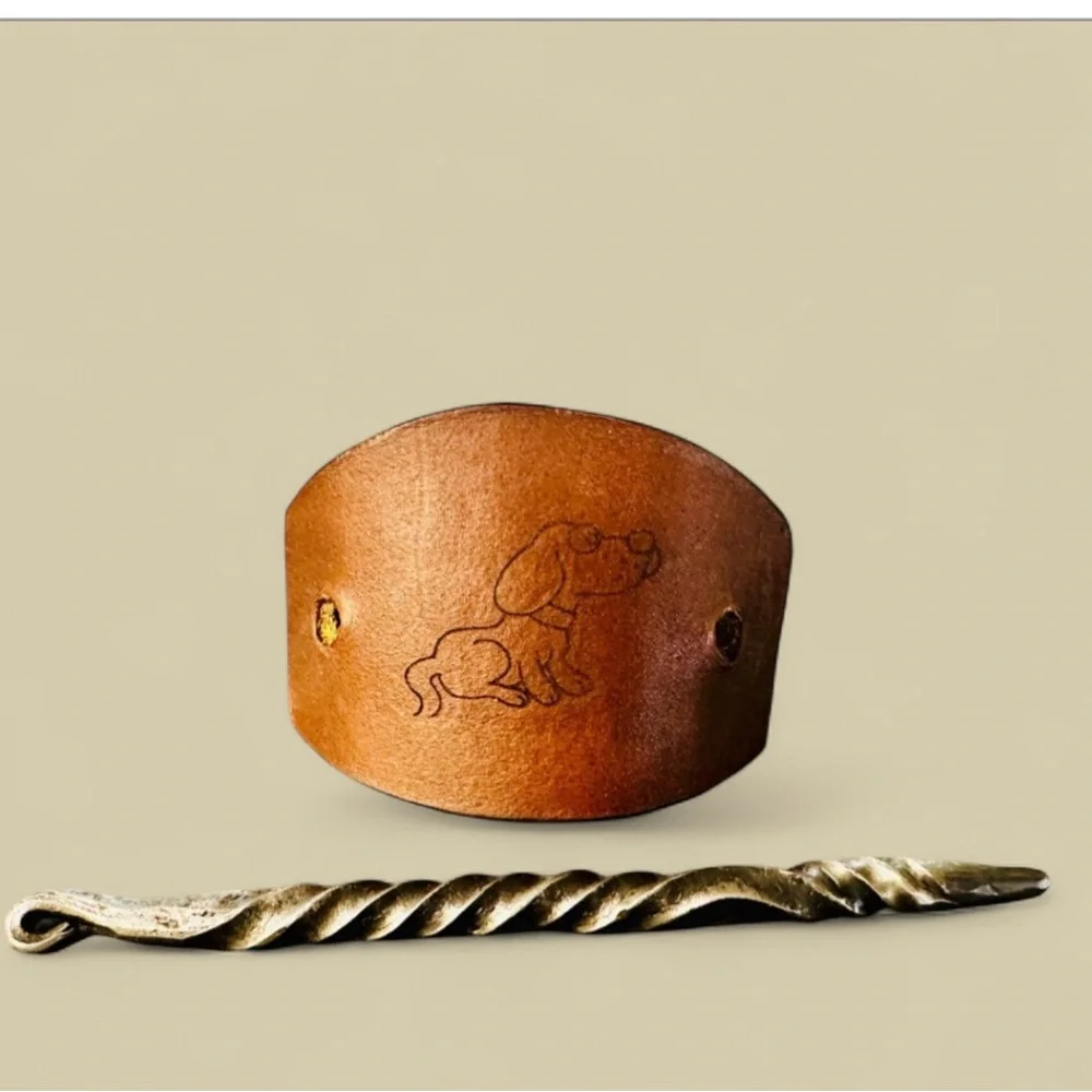 Brown Leather Hair Barrette with Metal Pin and Dog New